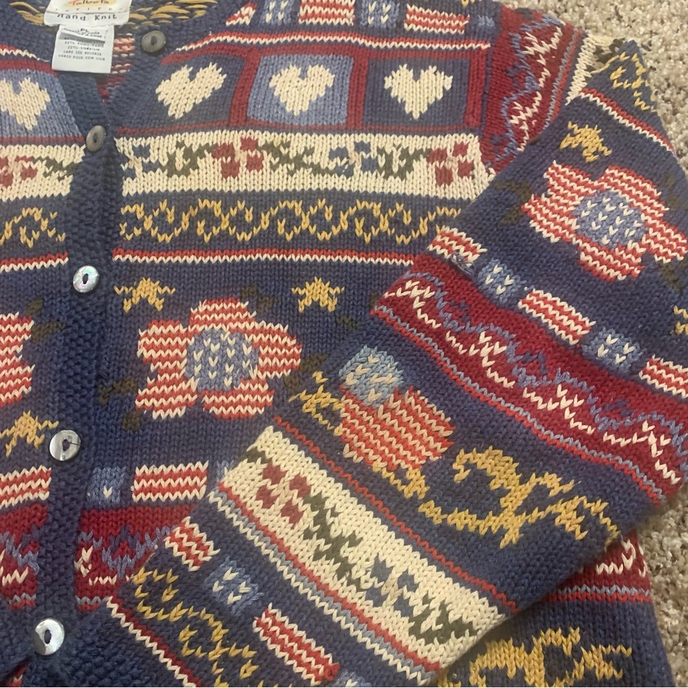 Talbots Americana Hearts Vintage 90s Linen Blend Hand Knit Cardigan Sweater - Picture 2 of 13